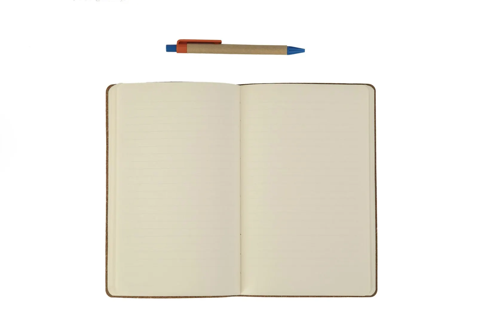 An open notebook with a pen above it