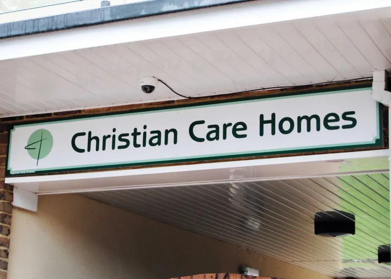 The Christian Care Homes sign above the entrance canopy