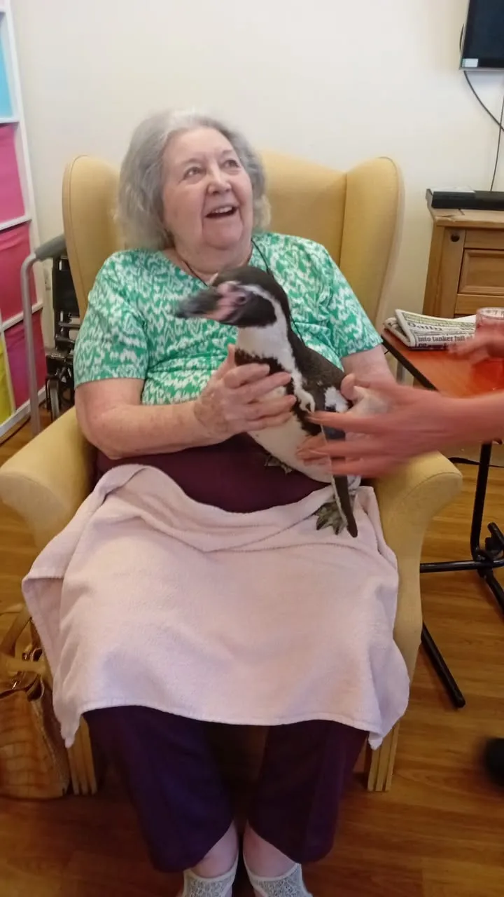 A resident laughing with a penguin on her lap