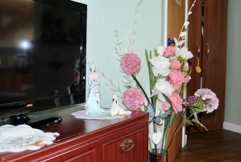 A bedroom sideboard with a television, ornaments and a vase of pink flowers